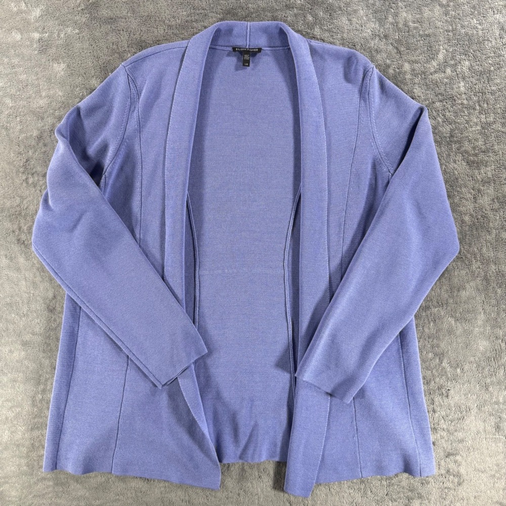 Eileen Fisher Cardigan Womens L Blue Like New Silk Cotton Open Front Sweater